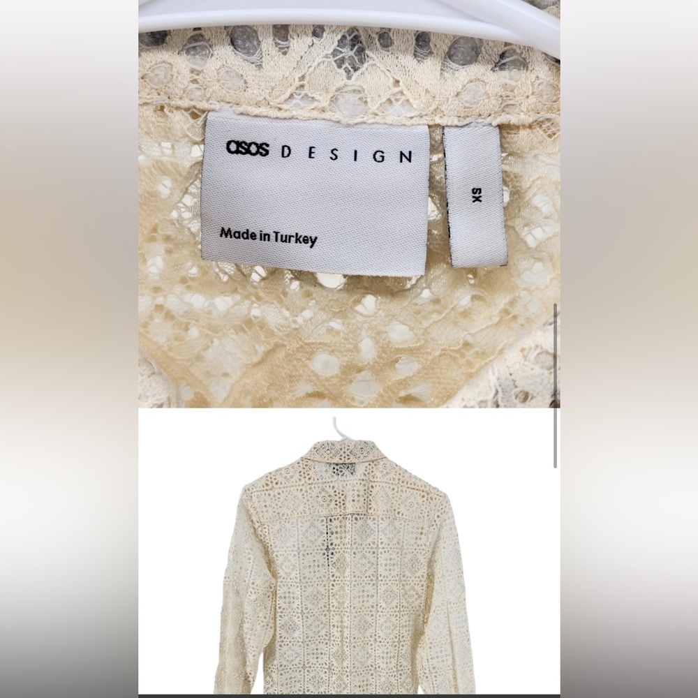 Unisex ASOS Lace Buttondown Shirt Longsleeve Cream Eyelet w/ Ribbon Neck Tie XS - Picture 5 of 7